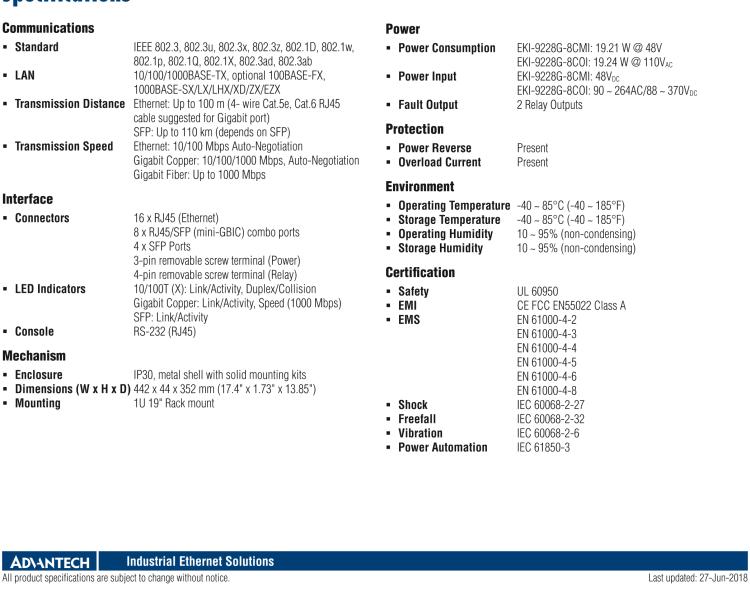 研華EKI-9228G-8CMI IEC61850-3 20GE + 8GE Combo L2 Managed Switch, 48DC