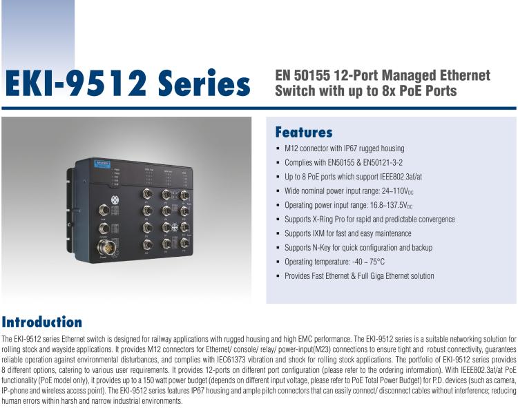 研華EKI-9512G-4GMPX EN50155 Managed PoE Ethernet Switch with 12GE, 24-110VDC