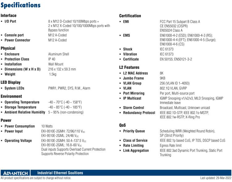 研華EKI-9510E-2GML 10個(gè)百兆M12端口網(wǎng)管型EN50155交換機(jī)， 支持24/48 VDC供電