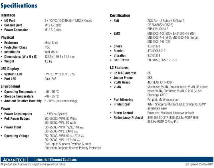 研華EKI-9508G-MPH 8個千兆M12 POE端口非網(wǎng)管EN50155交換機(jī)， 支持72/96/110 VDC供電