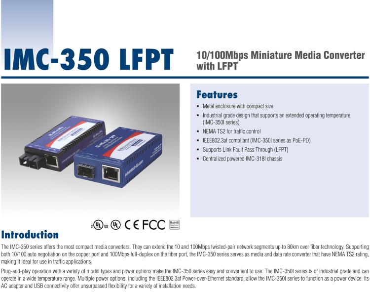 研華IMC-350-SFP-PS-A 緊湊型光電轉(zhuǎn)換器，100Base-TX/FX，SFP，AC適配器（也被稱為BB-855-10619）