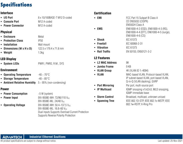 研華EKI-9508E-MH 8個(gè)百兆M12端口非網(wǎng)管EN50155交換機(jī)， 支持72/96/110 VDC供電