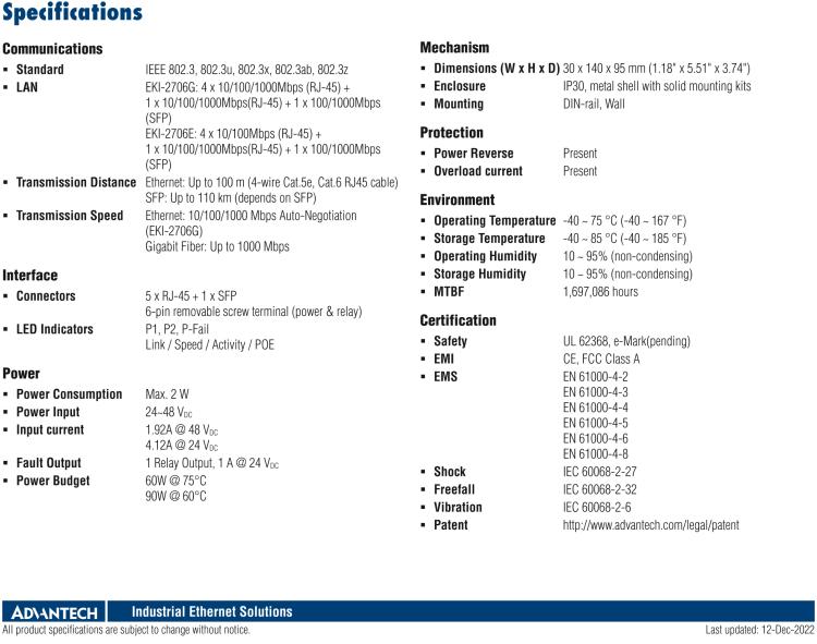 研華EKI-2706G-1GFPI 4GE PoE+1G+1G SFP，非網(wǎng)管型PoE工業(yè)以太網(wǎng)交換機，IEEE802.3af/at，24~48VDC（BE型），48~53VDC（AE型），-40~75℃