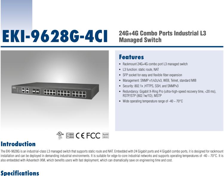 研華EKI-9628G-4CI 24GE+4G Combo端口 機(jī)架式三層工業(yè)以太網(wǎng)交換機(jī)，-40～75℃