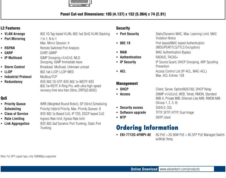 研華EKI-7712G-4FMPI 8GE PoE and 4G SFP Managed Ethernet Switch, IEEE802.3af/at/bt, 53~57VDC, -40~70℃