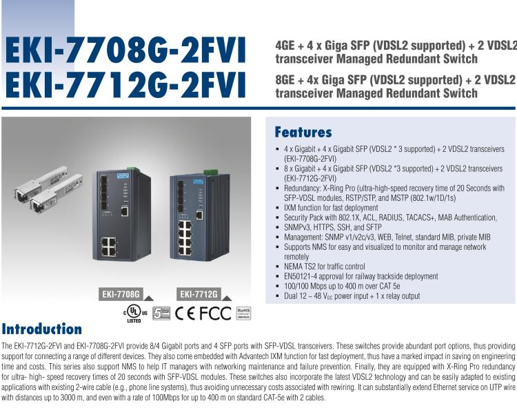 研華EKI-7712G-2FVI 8GE + 4x Giga SFP (VDSL2 supported) + 2 VDSL2 transceiver Managed Redundant Switch