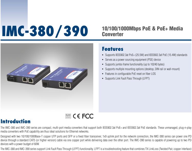 研華IMC-390-M1-PS Mini PoE+ Media Converter, 1000Mbps, Multimode 850nm, 550m, SC, AC adapter w/o power cord