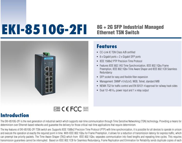 研華EKI-8510G-2FI 8G + 2G SFP 管理型TSN交換機(jī)