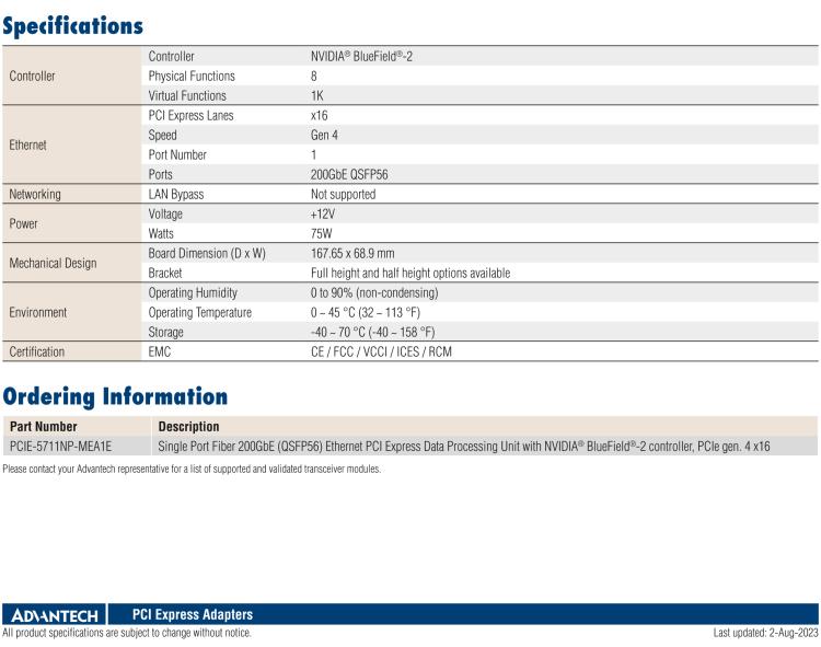 研華PCIE-5711 Single Port Fiber 200GbE Ethernet PCI Express Data Processing Unit with NVIDIA? BlueField?-2