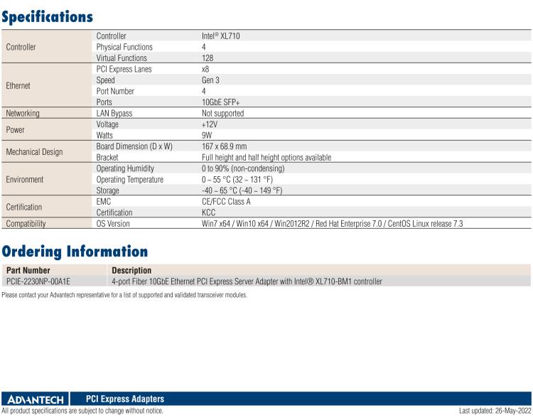 研華PCIE-2230 Quad Port Fiber 10GbE Ethernet PCI Express Server Adapter with Intel? XL710-BM1