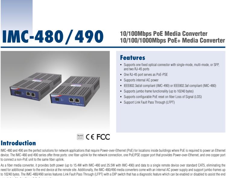 研華IMC-490-MM Standalone PoE+ Media Converter, 1000Mbps, Multimode 850nm, 550m, SC