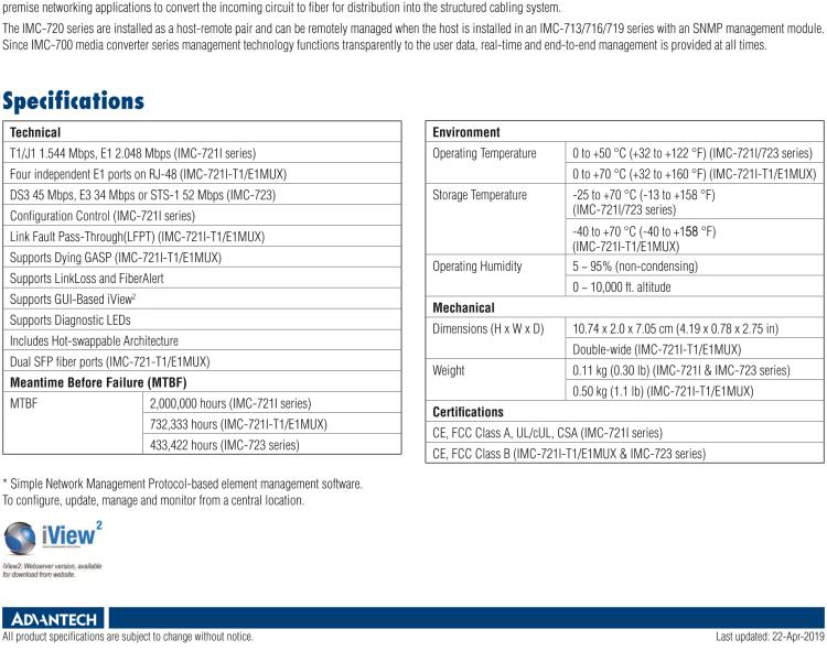 研華IMC-721I-SL Managed Hardened Modular Media Converter, DS1, Single mode 1310nm, 60km, SC (also known as iMcV 850-18108)