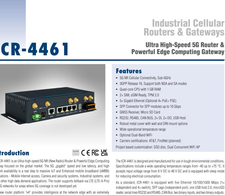 研華ICR-4461W3S ICR-4400, GLOBAL, NAM, 5x Ethernet, 1x RS232, 1x RS485, CAN, PoE PSE+, Wi-Fi, SFP, USB, SD, Without Accessories