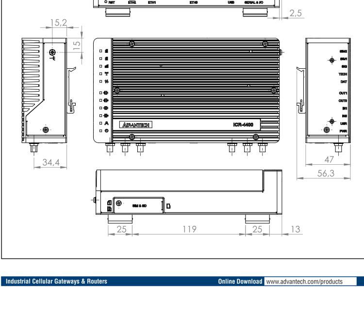 研華ICR-4434S ICR-4400, GLOBAL, 5x Ethernet, 1x RS232, 1x RS485, CAN, PoE PSE+, SFP, USB, SD, Without Accessories