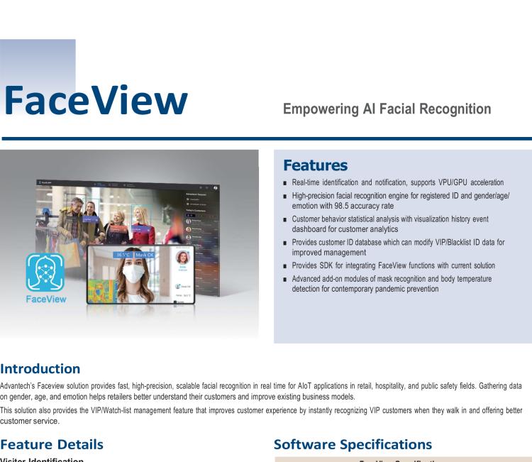 研華FaceView 研華 DeviceOn.FaceView是基于研華 IoT 設備的人臉識別軟件，支持性別、年齡、情感的數據收集，支持VPU/GPU加速。FaceView軟件在最新版本中正確識別率提升到了99.7%，可以支持遮擋檢測，也就是是否正確佩戴口罩，再搭配專業(yè)測溫攝像頭情況下，可以實現測量體溫。