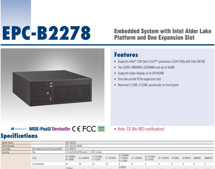 研華EPC-B2278 適配Intel 第12代 Core i 系列處理器，搭載Q670E芯片組。2U高度，精簡尺寸，性能強勁，是小尺寸高性能場景的理想解決方案。