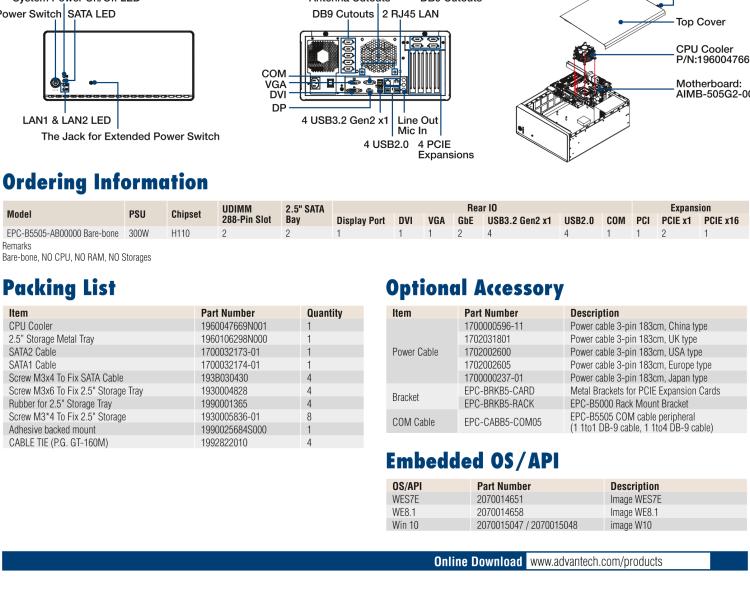 研華EPC-B5505 適配Intel? 第6/7代 Core ? i/Xeon E3系列處理器，搭載H110芯片組。標(biāo)準(zhǔn)4U上架，廣泛適用于各種行業(yè)。