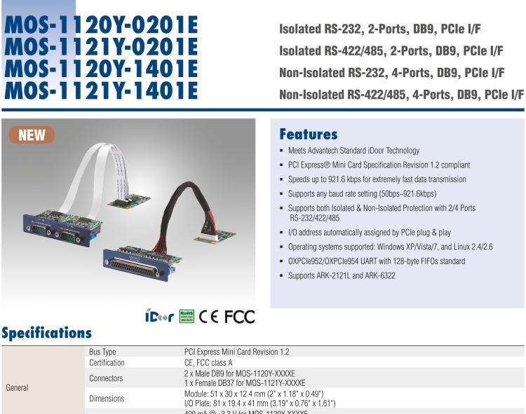 研華MOS-1120Y-0201E Isolated RS-232, 2-Ports, DB9, PCIe I/F