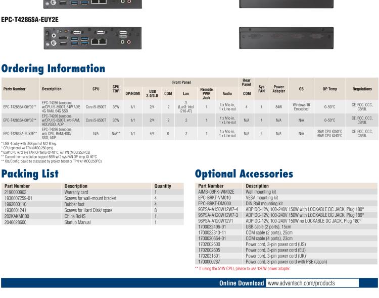 研華EPC-T4286 適配Intel? 第8/9代 Core? i 系列處理器，搭載H310芯片組。1U超薄高度，性能強(qiáng)勁。