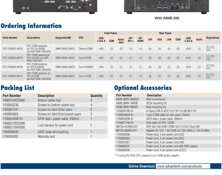 研華EPC-T2285 適配Intel? 第6/7代 Core? i 系列處理器，搭載H110芯片組。1U超薄高度，性能強(qiáng)勁。