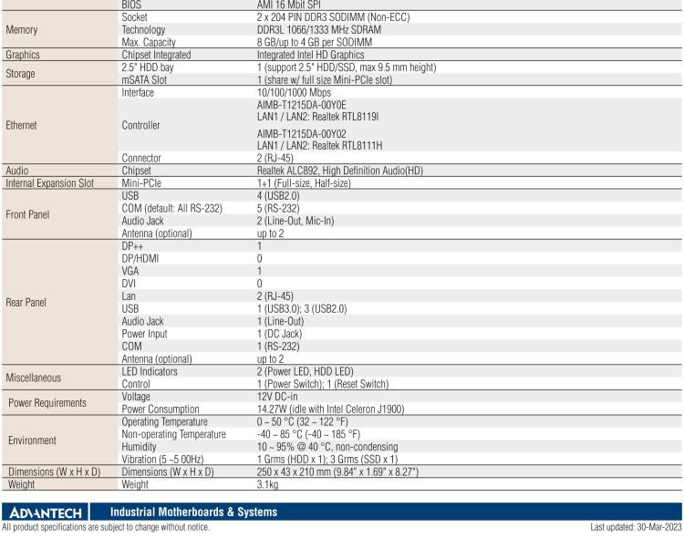 研華EPC-T1215 板載Intel? 第4代 賽揚(yáng) J1900 處理器。支持無風(fēng)扇設(shè)計(jì)，1U超薄高度，支持上架，高性價(jià)比解決方案。