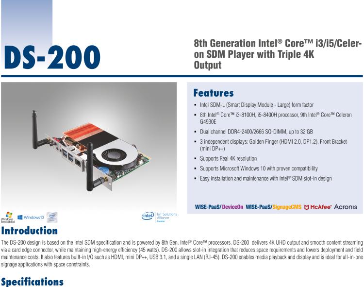 研華DS-200 Intel ? 第八代 Core? i3/i5 SDM，支持4K三顯的數(shù)字標(biāo)牌播放器