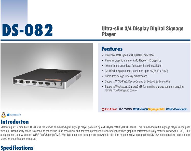 研華DS-082 搭載AMD Ryzen V1000/R1000超薄數(shù)字標牌播放器
