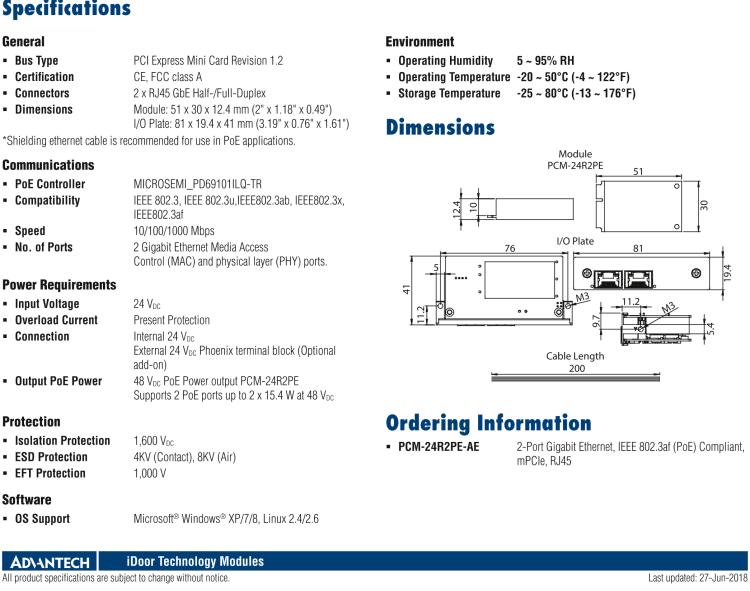 研華PCM-24R2PE 2端口千兆以太網(wǎng)，兼容IEEE 802.3af（PoE），mPCIe，RJ45