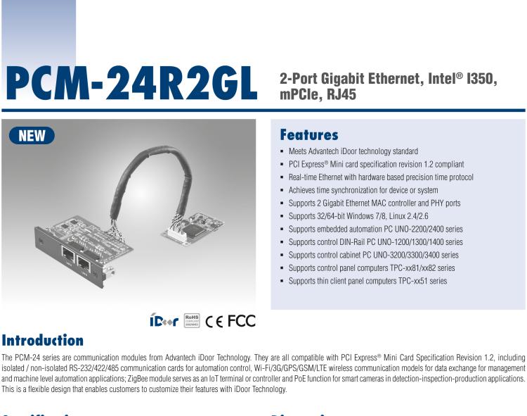 研華PCM-24R2GL 2端口千兆以太網(wǎng)，mPCIe，RJ45