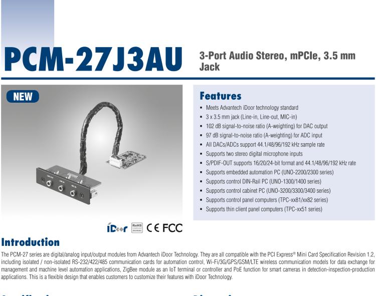 研華PCM-27J3AU 3端口立體聲音頻，mPCIe，3.5毫米插孔