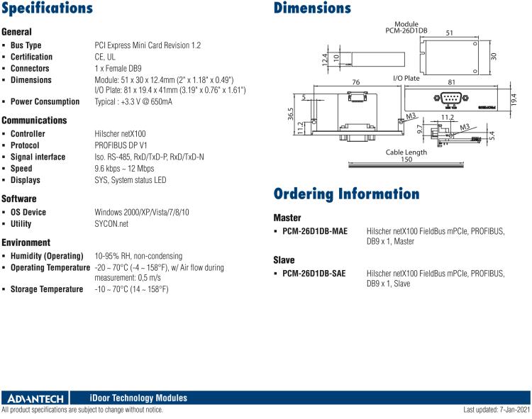 研華PCM-26D1DB 1端口 Hilscher netX100 現(xiàn)場總線 mPCIe，PROFIBUS，DB9