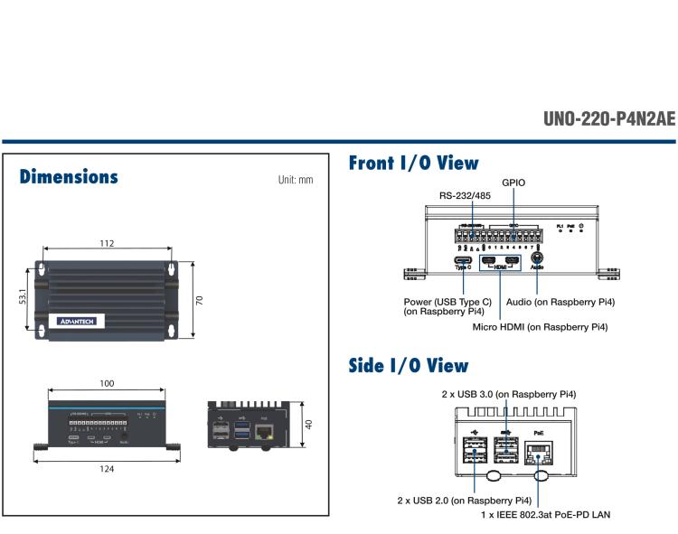 研華UNO-220-P4N2 Industrial Raspberry Pi 4 HAT Gateway Kit with PoE Function