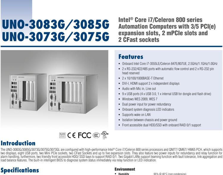 研華UNO-3085G Intel Core i-2655LE嵌入式無風扇工業(yè)電腦，帶5個PCI(e)擴展槽，2個Mini PCIe插槽，2個CFast插槽