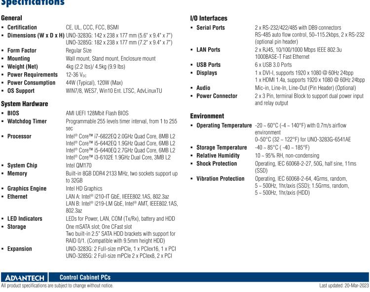 研華UNO-3283G 高效能嵌入式無風(fēng)扇工業(yè)電腦，搭配Intel? Core? i 處理器，2×GbE, 2×mPCIe, HDMI, DVI-I