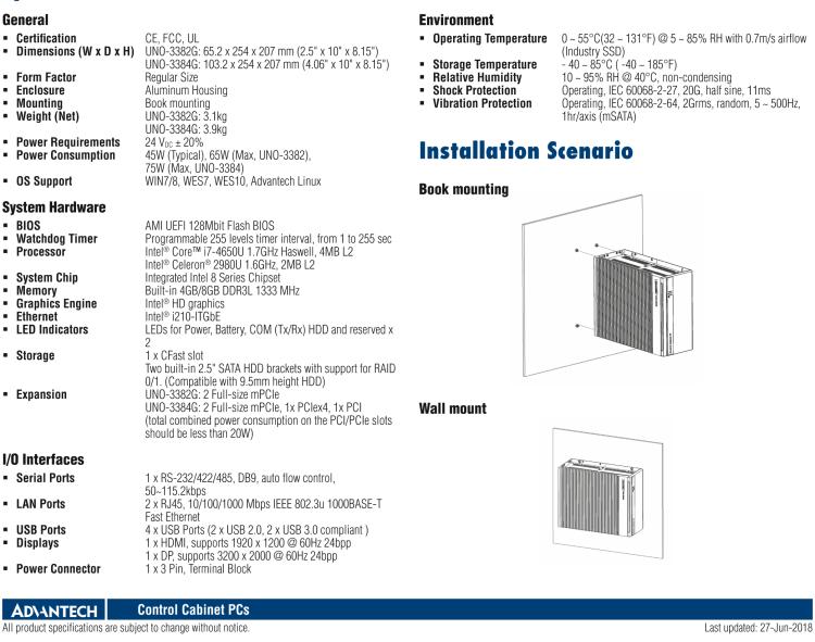 研華UNO-3382G Intel? Core? i7/Celeron控制柜PC，2 x GbE, 2 x mPCIe, HDMI/DP