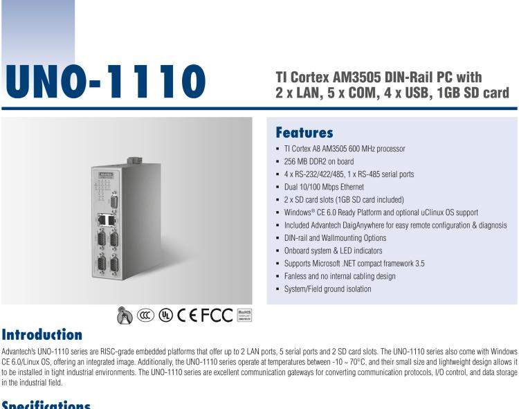 研華UNO-1110 導(dǎo)軌安裝型工業(yè)控制器，搭配TI Coretex AM3505 處理器，2×LAN，5×COM，4×USB，1 GB SD卡