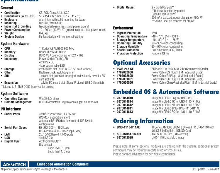 研華UNO-1110 導(dǎo)軌安裝型工業(yè)控制器，搭配TI Coretex AM3505 處理器，2×LAN，5×COM，4×USB，1 GB SD卡