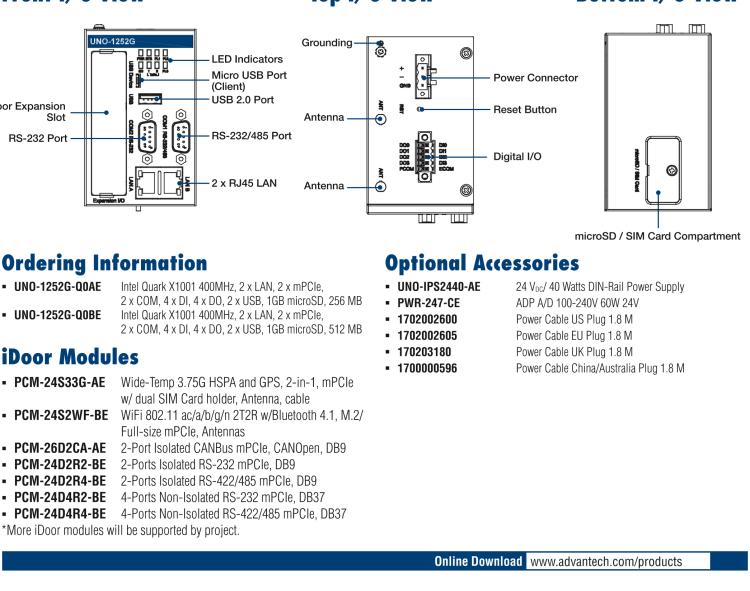 研華UNO-1252G 微型導(dǎo)軌安裝工業(yè)物聯(lián)網(wǎng)網(wǎng)關(guān)，搭配英特爾? Quark? 微控制器，2×LAN，2×mPCIe，2×COM，8×DI/O，2×USB，1×1GB microSD card，1×SIM