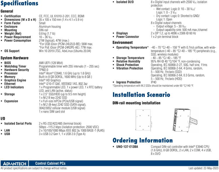 研華UNO-137 DIN導(dǎo)軌控制器，配備Intel?Atom?E3940 CPU、2個(gè)LAN、2個(gè)COM、3個(gè)USB 3.0、1個(gè)USB 2.0、2個(gè)DP 1.2、8個(gè)DI、8個(gè)DO、1個(gè)M.2、1個(gè)mPCIe、TPM 2.0