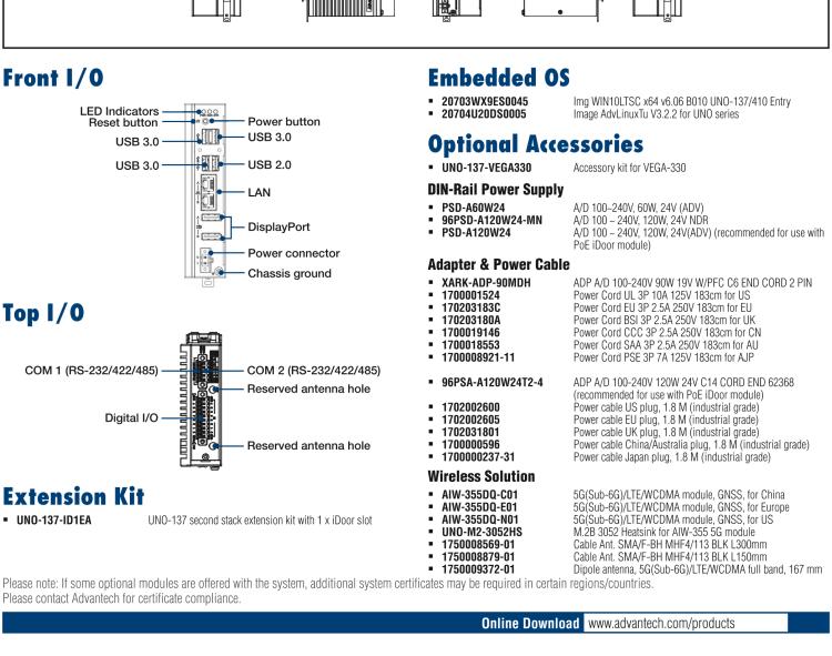 研華UNO-137 DIN導(dǎo)軌控制器，配備Intel?Atom?E3940 CPU、2個(gè)LAN、2個(gè)COM、3個(gè)USB 3.0、1個(gè)USB 2.0、2個(gè)DP 1.2、8個(gè)DI、8個(gè)DO、1個(gè)M.2、1個(gè)mPCIe、TPM 2.0