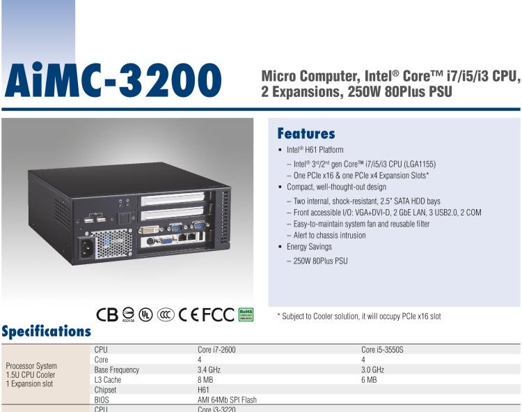 研華AiMC-3200 智能微型工控機，Intel Core i7/i5/i3 CPU,2 擴展槽，250W 80 Plus PSU