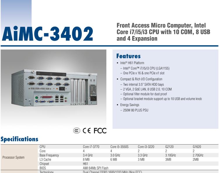 研華AIMC-3402 Front Access Micro Computer, Intel Core i7/i5/i3 CPU with 10 COM, 8 USB and 4 Expansion