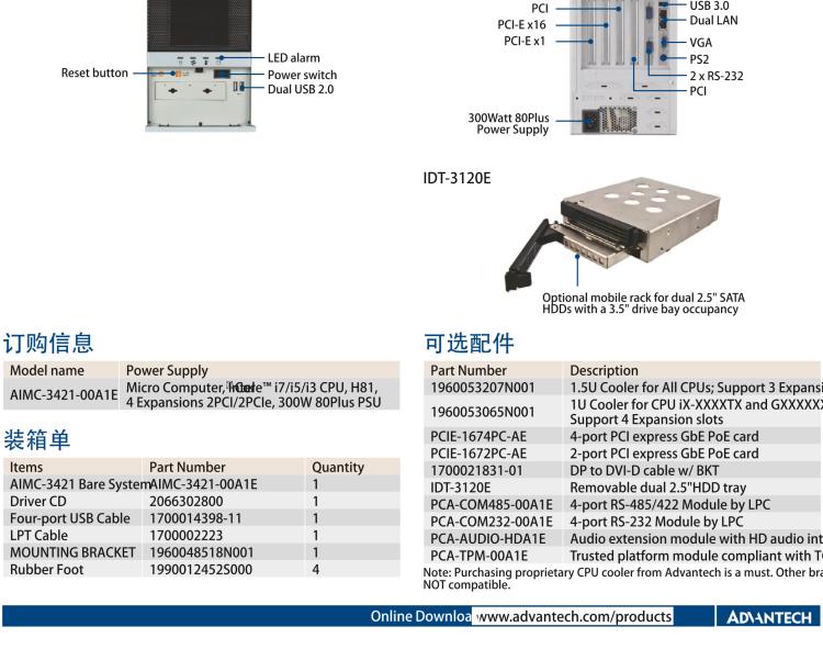 研華AIMC-3421 智能微型計算機，支持英特爾酷睿? i7/i5/i3 CPU,H81芯片組，4個擴展槽2PCI/2PCIe,300W 80Plus 電源