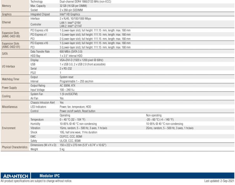 研華AIMC-3422 Micro Computer with Intel? Core? i7/i5/i3 Processor, Intel? H110 Chipset, 5 x Expansion Slots, and 300W 80PLUS PSU