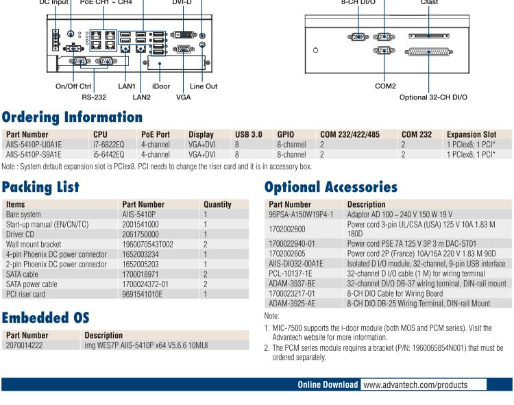 研華AIIS-5410P 無風(fēng)扇視覺系統(tǒng)，Intel Core? i 處理器，4通道 GigE PoE 相機(jī)界面和 PCIe 插槽