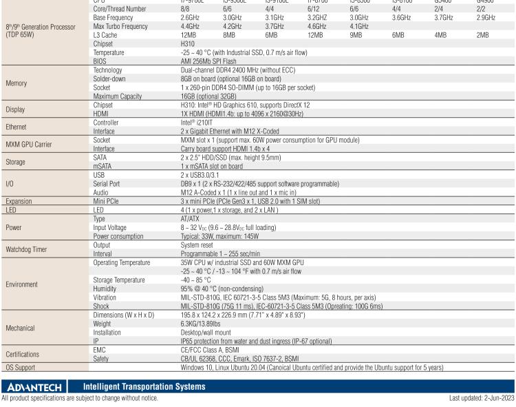 研華ITA-460G Intel? 8th/9th Gen Core? i CPU 防水無風(fēng)扇車載 AI 計算單元