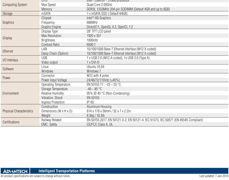 研華ARS-P2800 EN 50155 Intel? Celeron? J1900 28” 無風(fēng)扇設(shè)計(jì)之列車車輛 Panel PC