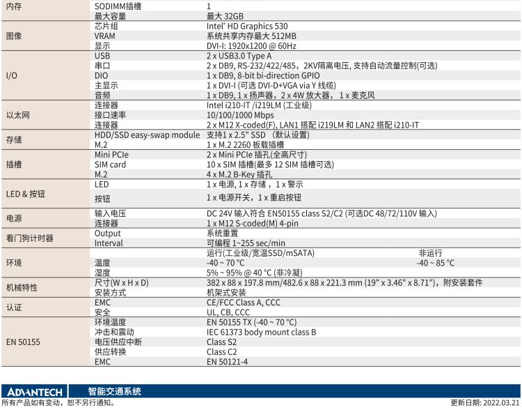 研華ITA-5231W 英特爾?第六代酷睿?i處理器無風(fēng)扇系統(tǒng)；符合EN 50155的鐵路應(yīng)用