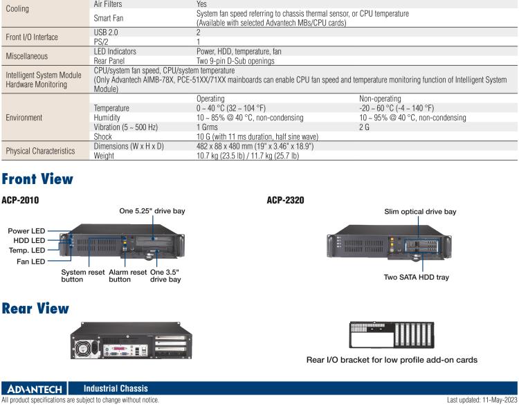 研華ACP-2320MB 2U上架式機箱，用于ATX/MicroATX母板支持后部支架