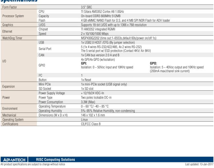 研華RSB-4220 基于TI AM3352 Cortex-A8 的3.5寸單板，寬溫、低功耗、無風扇設(shè)計